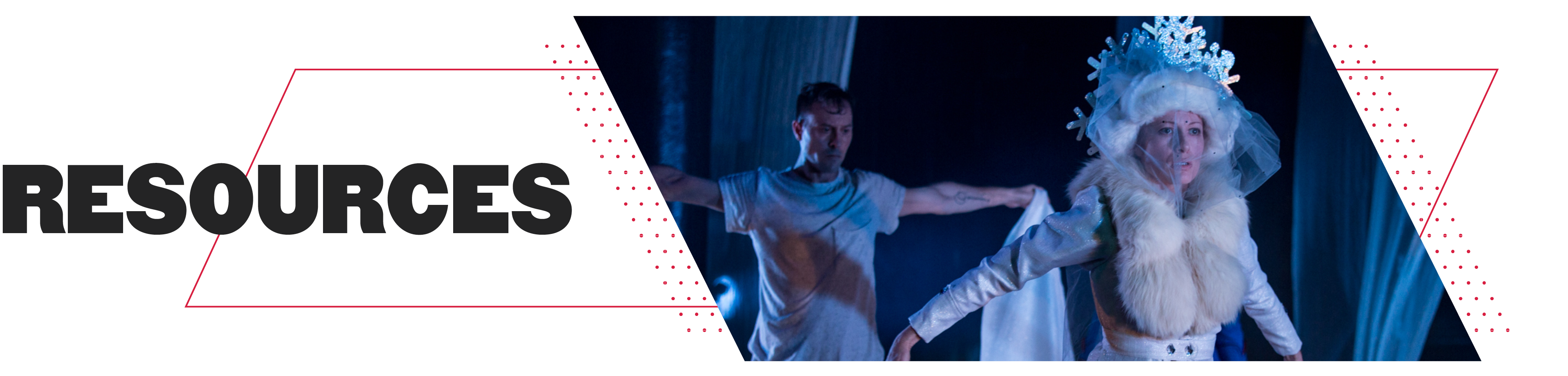Resources "Resources" in black text next to a dramatically lit image of two performers dressed in white.